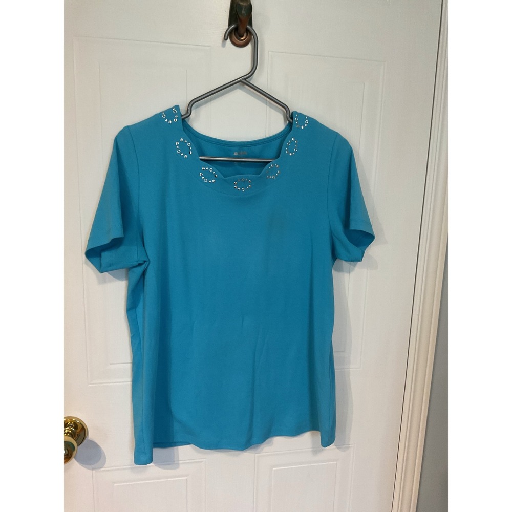 Alia Short Sleeve Top Women PM Blue Excellent Studded Scalloped Neck Tee